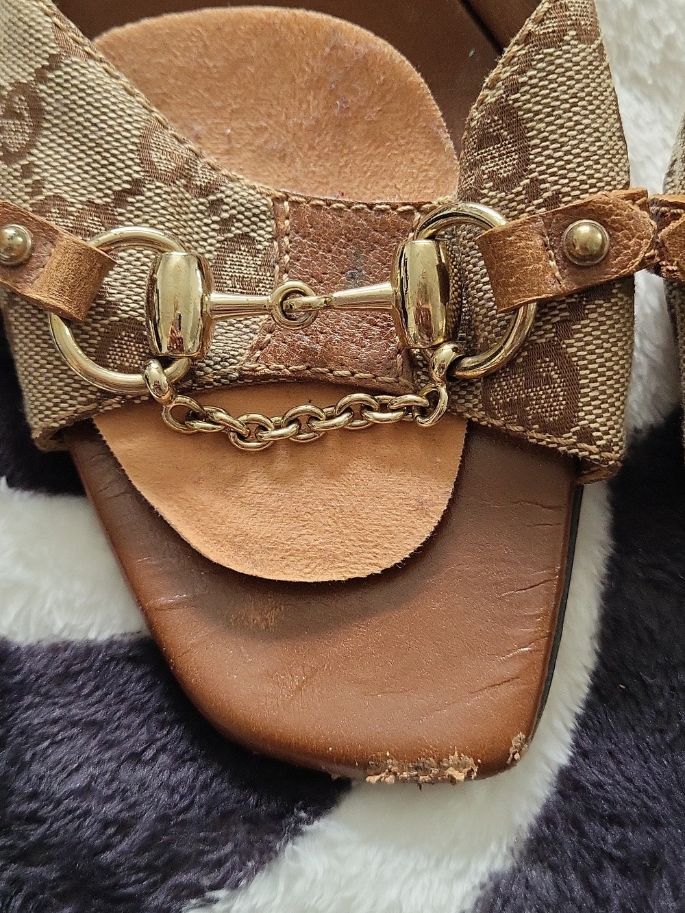 Gucci Brown Monogram Canvas & Leather Slide Mules with Gold Hardware - Picture 2 of 16